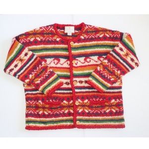 Express Multicolor Striped Fair Isle Cardigan - Red, Green, Yellow